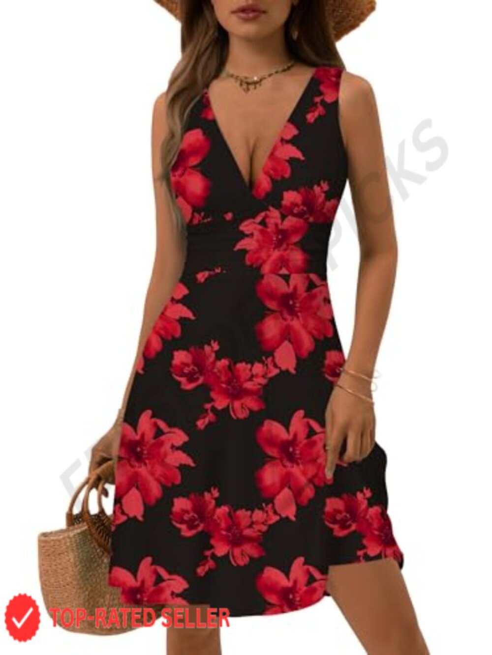 Deep V Neck Sleeveless Floral Sundress with Pockets Flowy Summer Dress - Picture 2 of 7